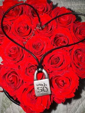 UNO de 50 Silver Padlock Necklace on Black Cord with Red Accents